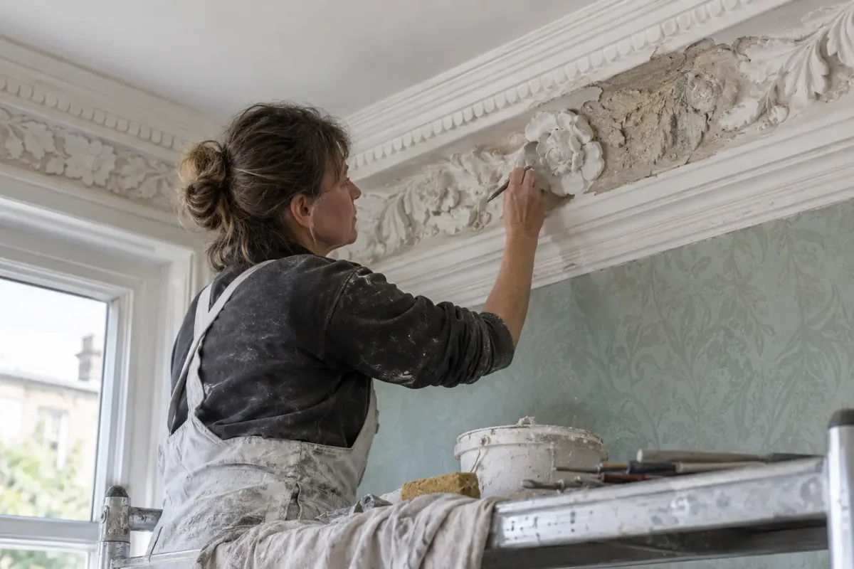 A plaster craftsperson restoring a chipped ornate plaster cornice in a period room, using a small modelling tool to rebuild floral moulding with fresh white plaster; damaged and restored sections visible, stable platform and fine hand tools.
