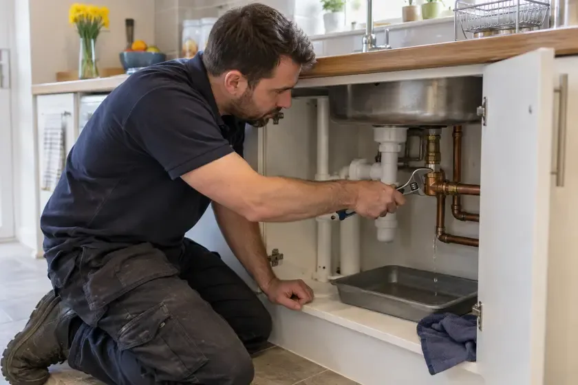Plumber attending leaking water pipework beneath a kitchen sink.