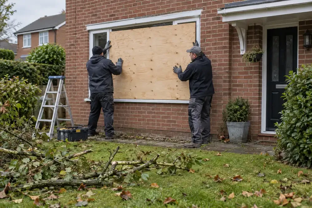 Tradespeople weatherproofing a storm-damaged window with boarding