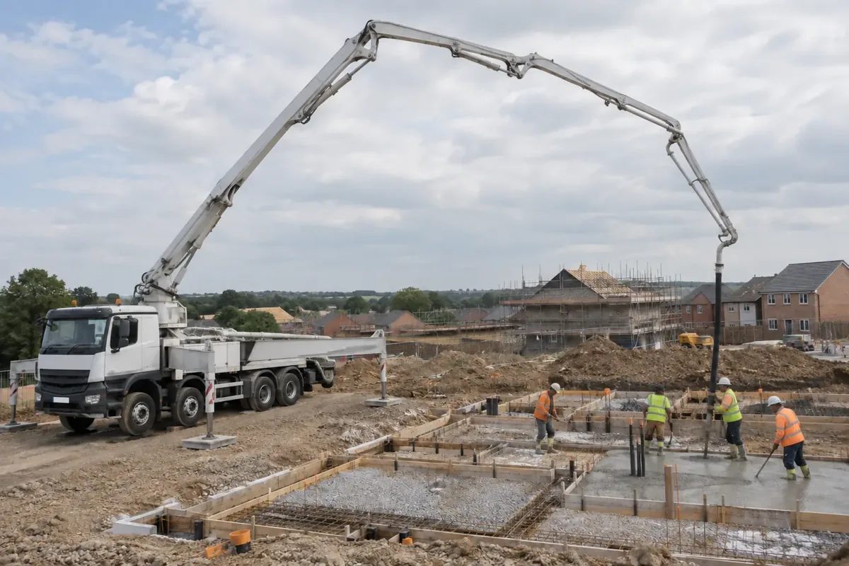 Wide view of a concrete boom pump truck on properly deployed outriggers, its long articulated boom spanning safely over a UK building site to deliver concrete at a distant foundation. A PPE-clad crew guides the vertical flexible end hose, clear long reach and coherent boom joints.
