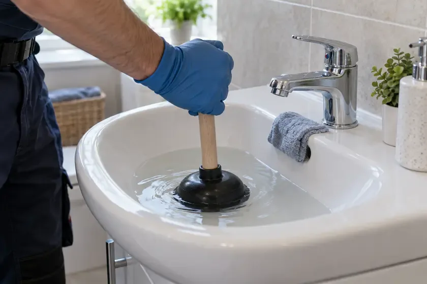 Plumber using a small cup plunger to clear a blocked bathroom basin.