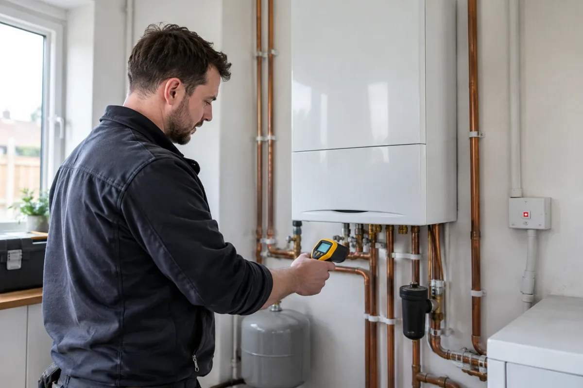 Engineer diagnosing a domestic heating fault