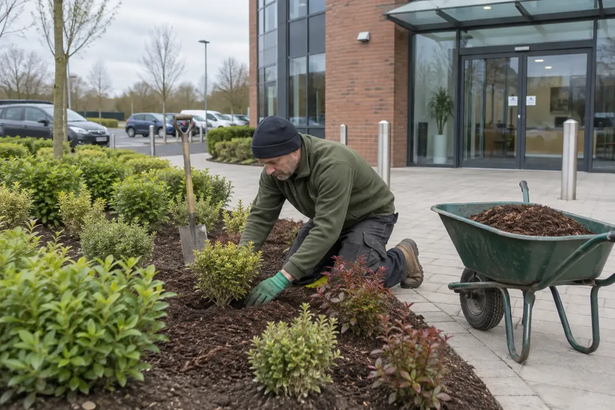 A landscape worker planting low shrubs and spreading mulch in a bed beside a modern British office entrance and paved visitor path; office facade and car park visible; gloves, boots, spade and wheelbarrow.