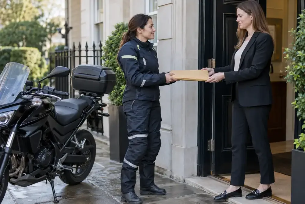 a motorcycle courier preparing or handing over a suitable consignment