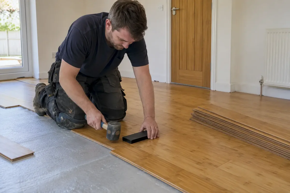 Floor fitter installing honey-colored bamboo flooring boards with recognizable fine bamboo strip grain and nodes, click-joint plank being aligned using tapping block, prepared underlay and neat stack of bamboo boards.