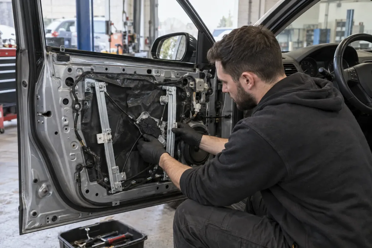 Technician inspecting an electric window regulator inside a car door.