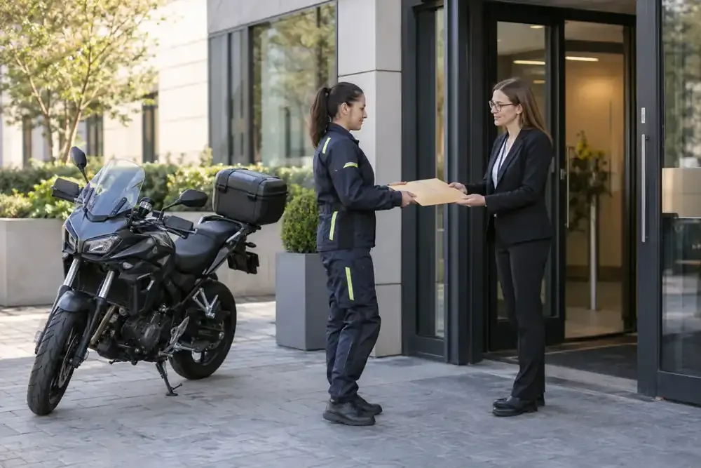 a motorcycle courier preparing or handing over a suitable consignment