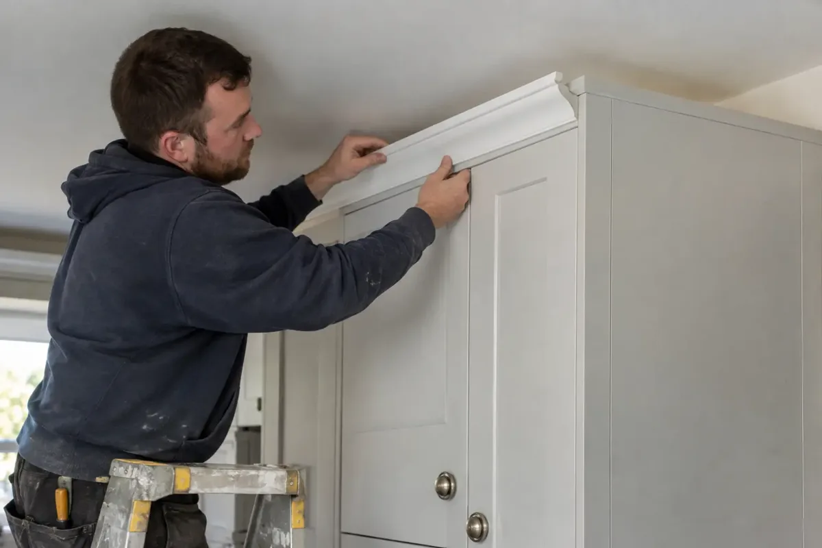 Carpenter aligning white moulded cornice trim along the top of kitchen cabinetry beside a mitred corner.