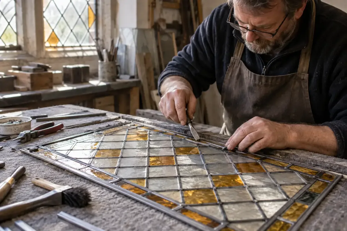 Craftsperson repairing the lead cames of a traditional diamond-pane window
