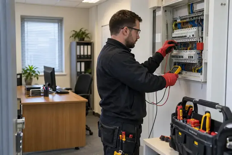 Commercial emergency electrician: a professional electrician assessing or carrying out the electrical work.