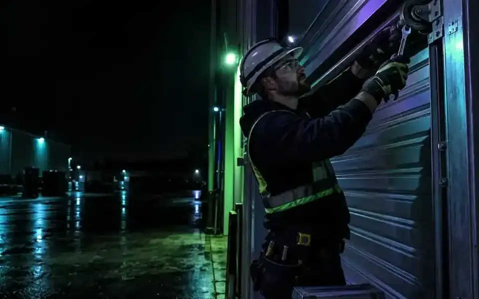 Technician maintains a roller shutter and its side mechanism.