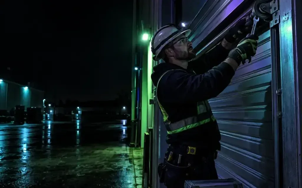 Engineer inspecting components inside a roller shutter housing