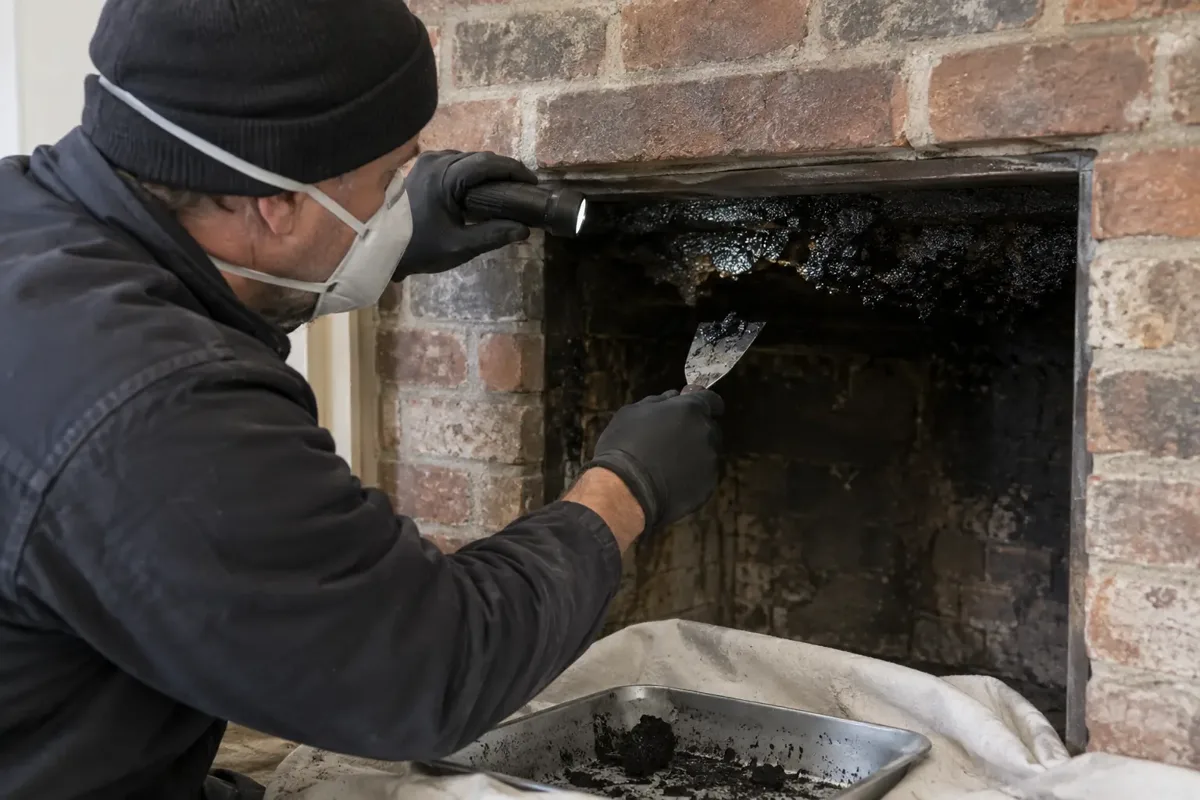 Chimney specialist with torch and scraper examining thick glossy black tar deposits at the throat of a cold open masonry fireplace. A small removed tar sample and soot on a protected tray make the deposit assessment clear. Gloves, dust mask, no chemicals or flames.