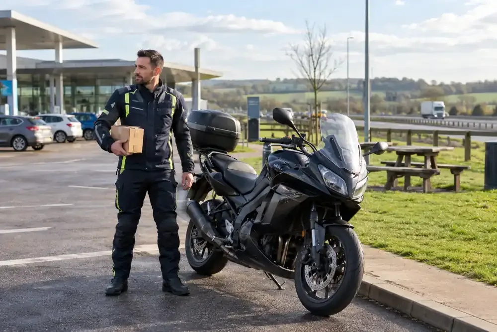 a motorcycle courier preparing or handing over a suitable consignment
