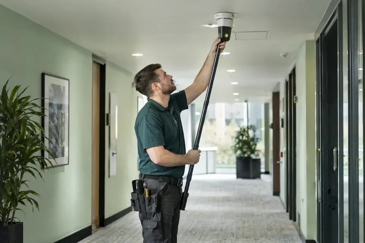 Fire Safety Engineer Testing Ceiling Detector