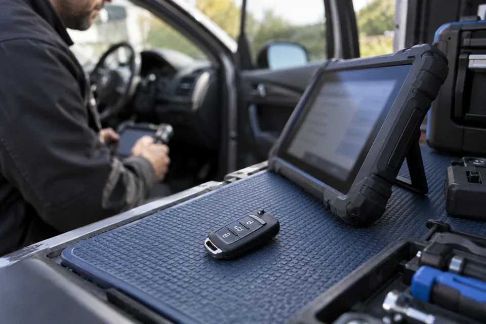 Remote car key beside a diagnostic programming tablet