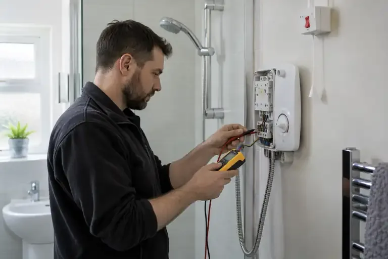 Electric shower circuit repairs: a professional electrician assessing or carrying out the electrical work.