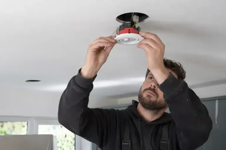 Downlight installation: a professional electrician assessing or carrying out the electrical work.