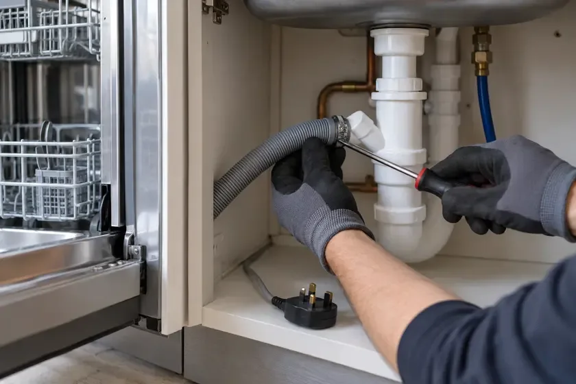 Plumber securing a dishwasher drain hose to the sink waste trap.
