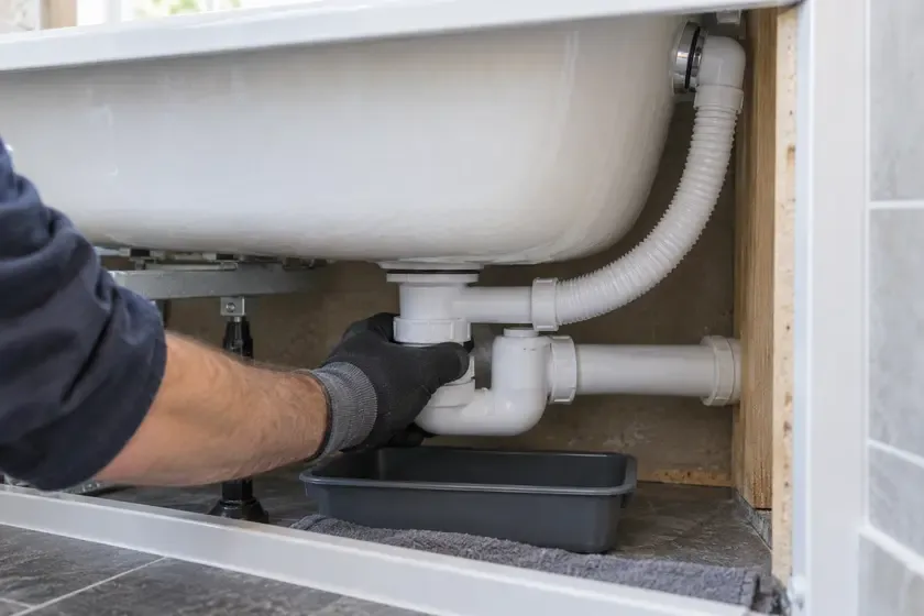 Plumber repairing the bath waste through an open bath access panel.