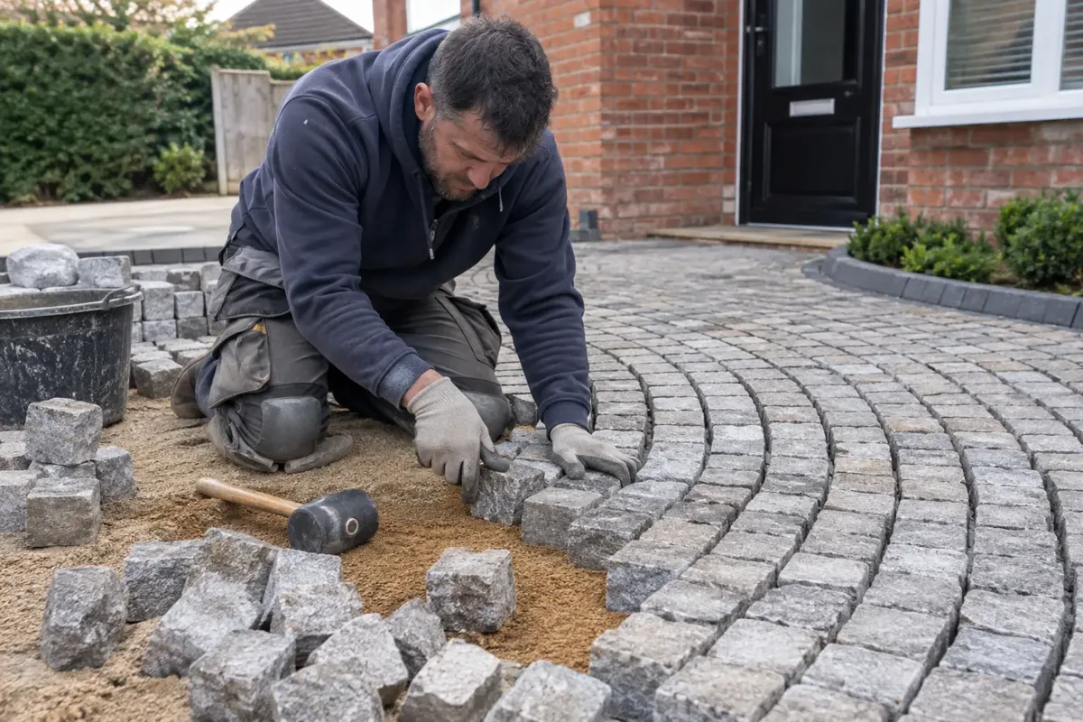 Paver in gloves and knee pads carefully setting small natural granite cobblestone setts into a sand base on a residential driveway, visible curved pattern and rubber mallet.
