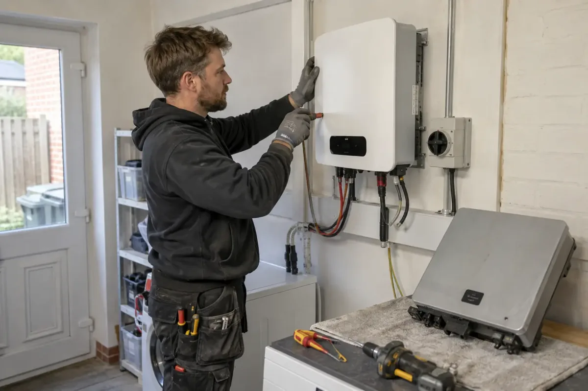 Electrician replacing a wall-mounted solar inverter, with a removed inverter on the worktop.