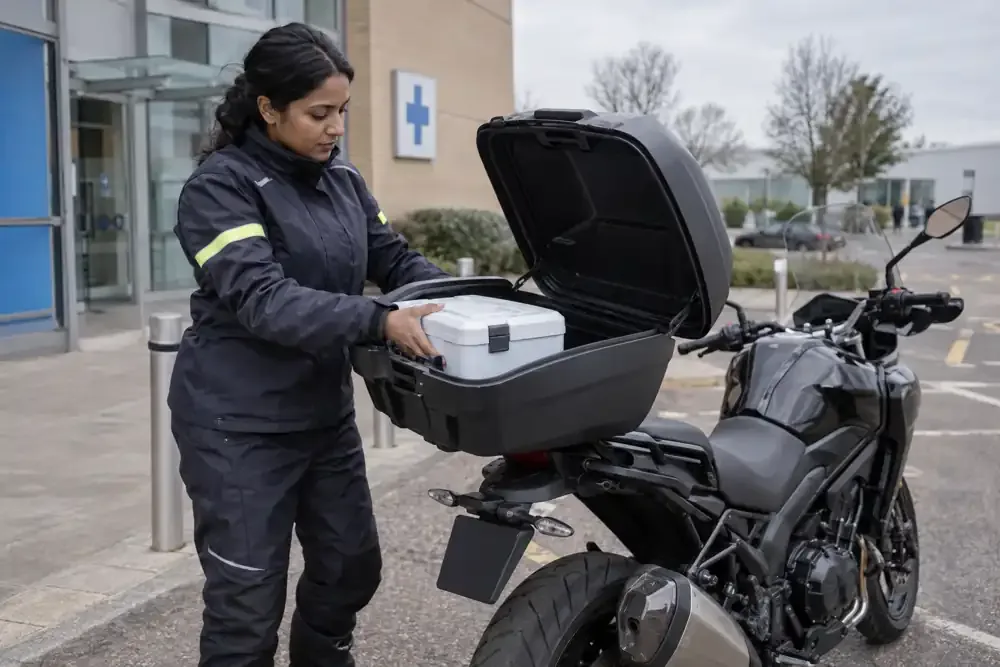 a motorcycle courier preparing or handing over a suitable consignment
