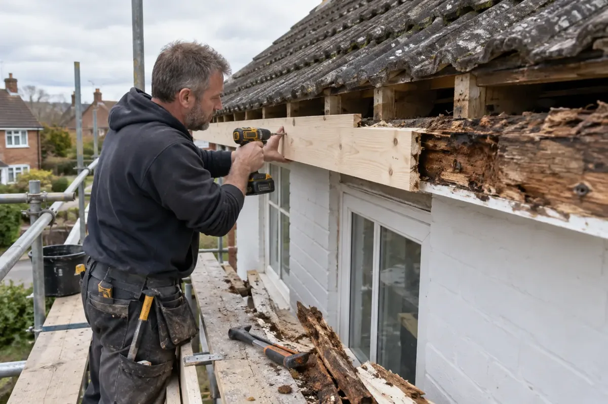 Carpenter fixing a fresh timber fascia beside a removed rotten section at house eaves.