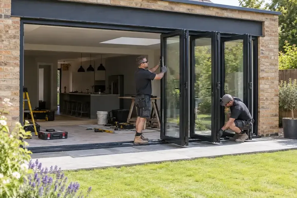 Team installing full-width black folding glazed doors