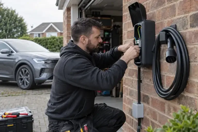 EV charger installation: a professional electrician assessing or carrying out the electrical work.