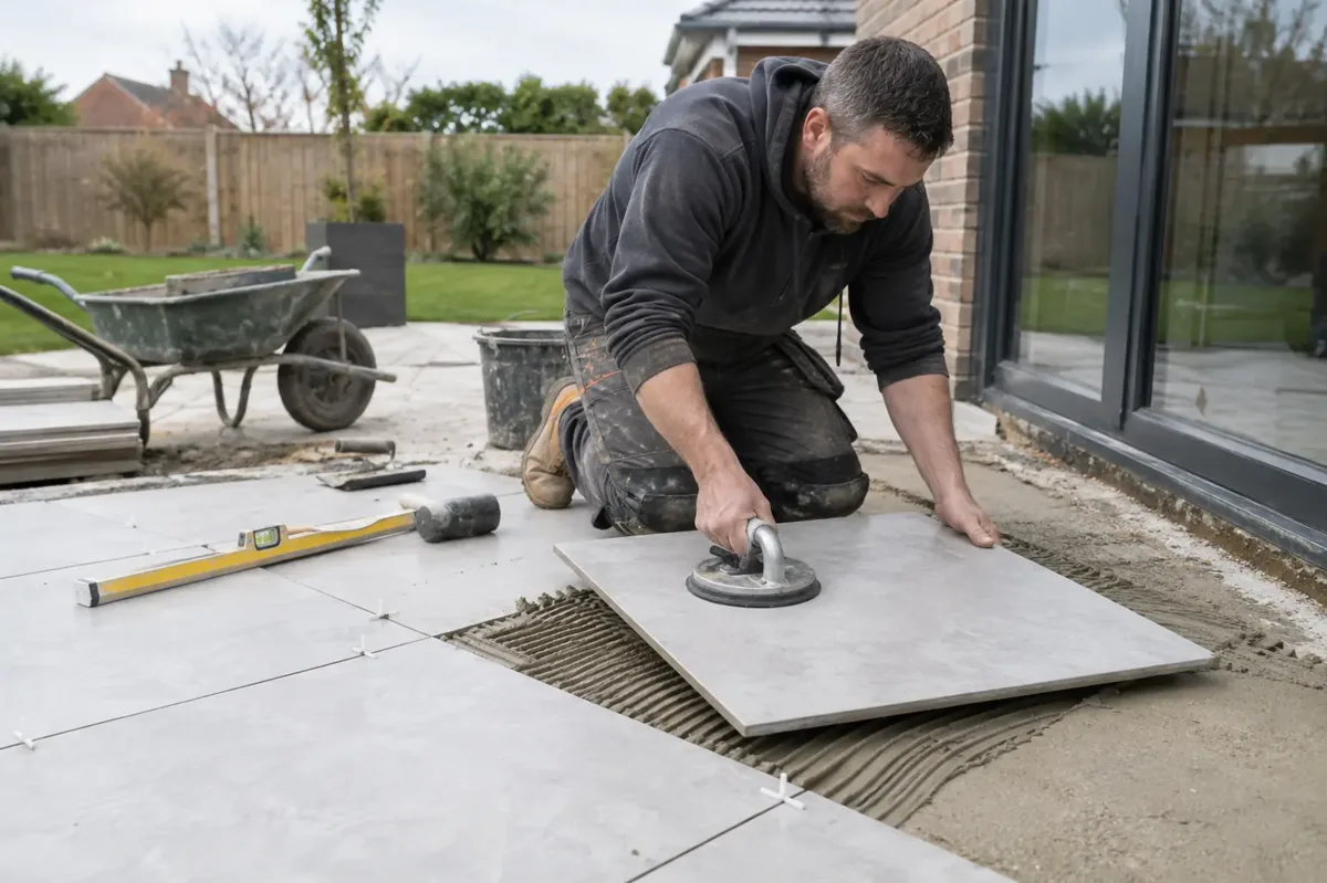 Tiler using a suction handle to lower a large pale porcelain paving slab onto adhesive on a garden patio.