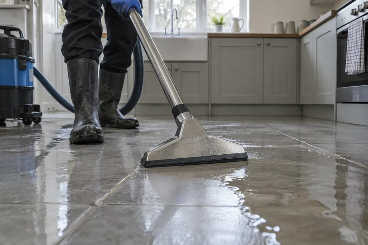 Extraction wand removing standing water from a tiled kitchen floor