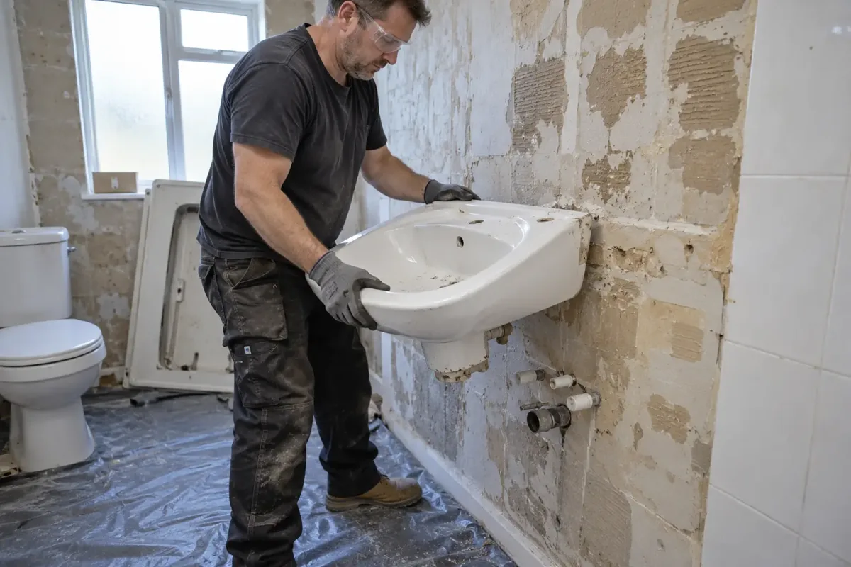 Worker in gloves and eye protection removing an old disconnected washbasin from a bathroom being stripped out. Bare tile adhesive patches, capped water pipes and detached bathroom fittings establish the task, no water leaks, tidy protected floor.