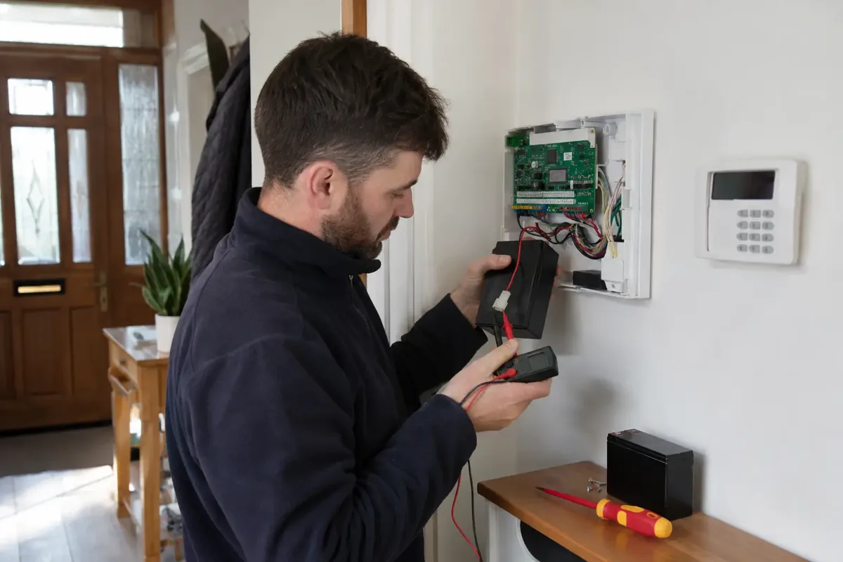 Alarm technician servicing an open domestic intruder alarm panel, replacing a rectangular sealed standby battery and checking its low-voltage charging connector using a small meter. Circuit power isolated, old battery beside panel, no exposed live mains.