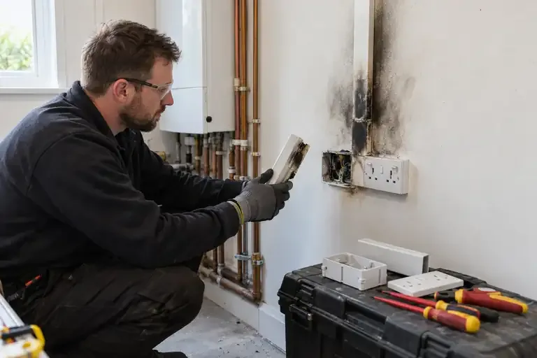 Electrician inspecting a removed damaged fitting beside a scorched cable route.