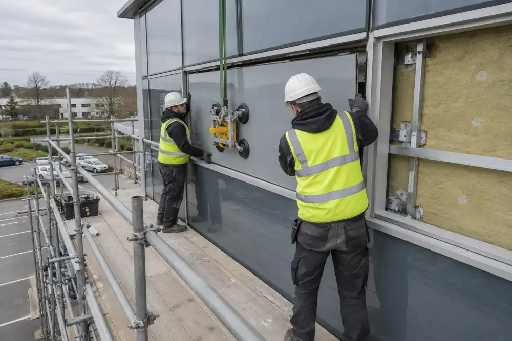 Facade installers fitting an opaque glass spandrel panel