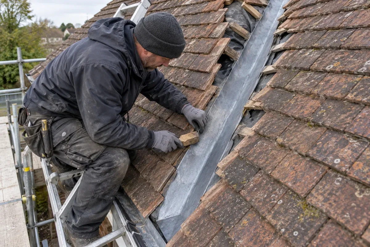 Roofer repairing a metal valley between two tiled roof slopes