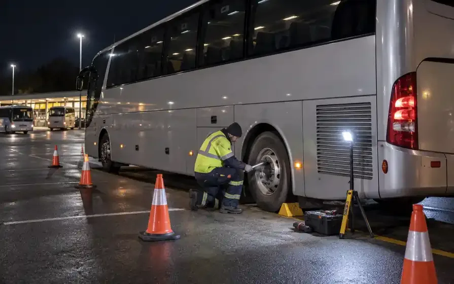 Night tyre service on a silver touring coach in a protected parking bay.