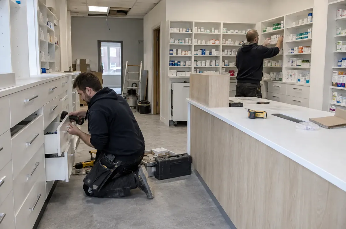 Workers installing pharmacy dispensary drawer cabinets and shelving.