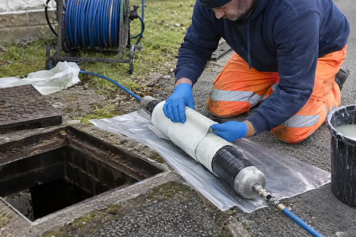 Drain repair technician in gloves preparing a short resin-impregnated drain-lining sleeve around an inflatable cylindrical packer beside an open drain access chamber; sleeve, packer, air hose and insertion rod clearly visible.
