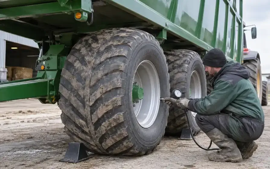 Technician checking the pressure of a broad tyre on a chocked agricultural grain trailer.