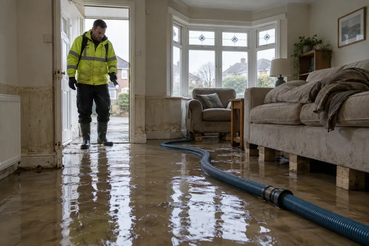 Emergency restoration worker assessing floodwater in a living room