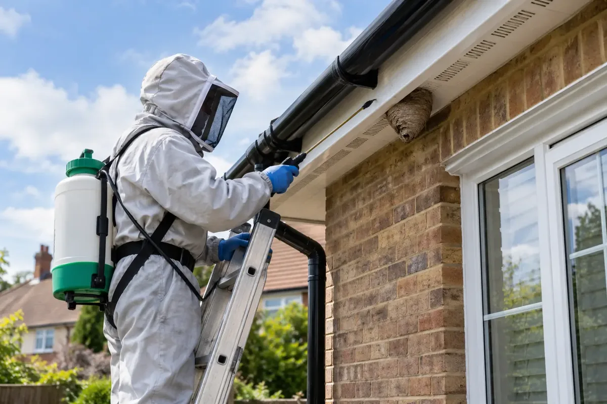 Wasp nest treatment at a roofline