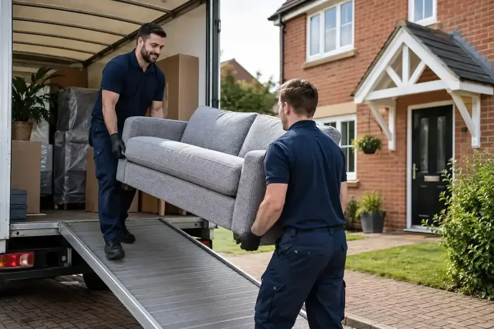 Two removal workers carrying a sofa from a truck