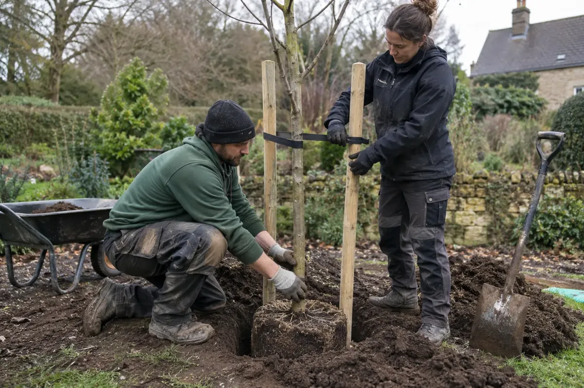 Two gardeners aligning a young tree rootball in a prepared hole with support stakes, tie, soil and spade visible.