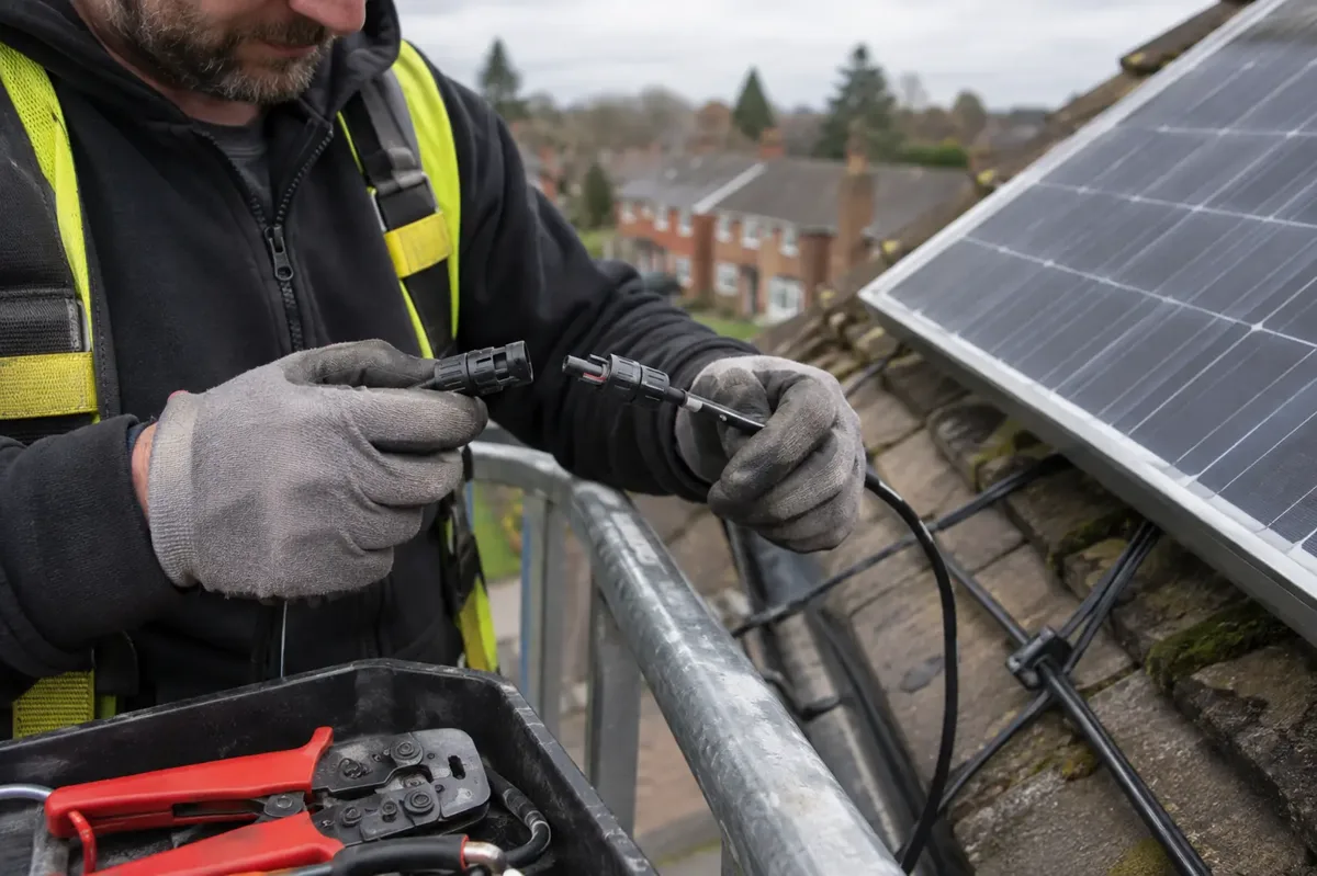 Close view of a solar electrician replacing cable connectors beside a rooftop panel with crimp tools nearby.