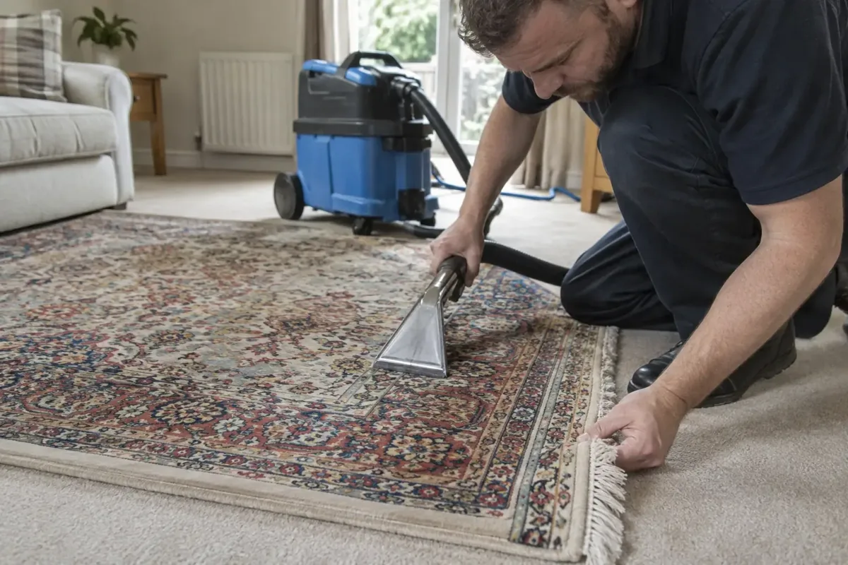 Professional cleaner carefully inspecting the edge and fibres of a patterned freestanding rug on a clean floor, then using a small upholstery extraction head on the rug. Distinct rug border and fringe visible, fitted carpet not the subject.