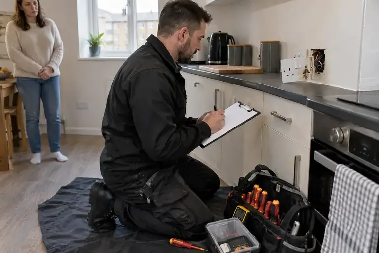 Landlord emergency electrician: a professional electrician assessing or carrying out the electrical work.