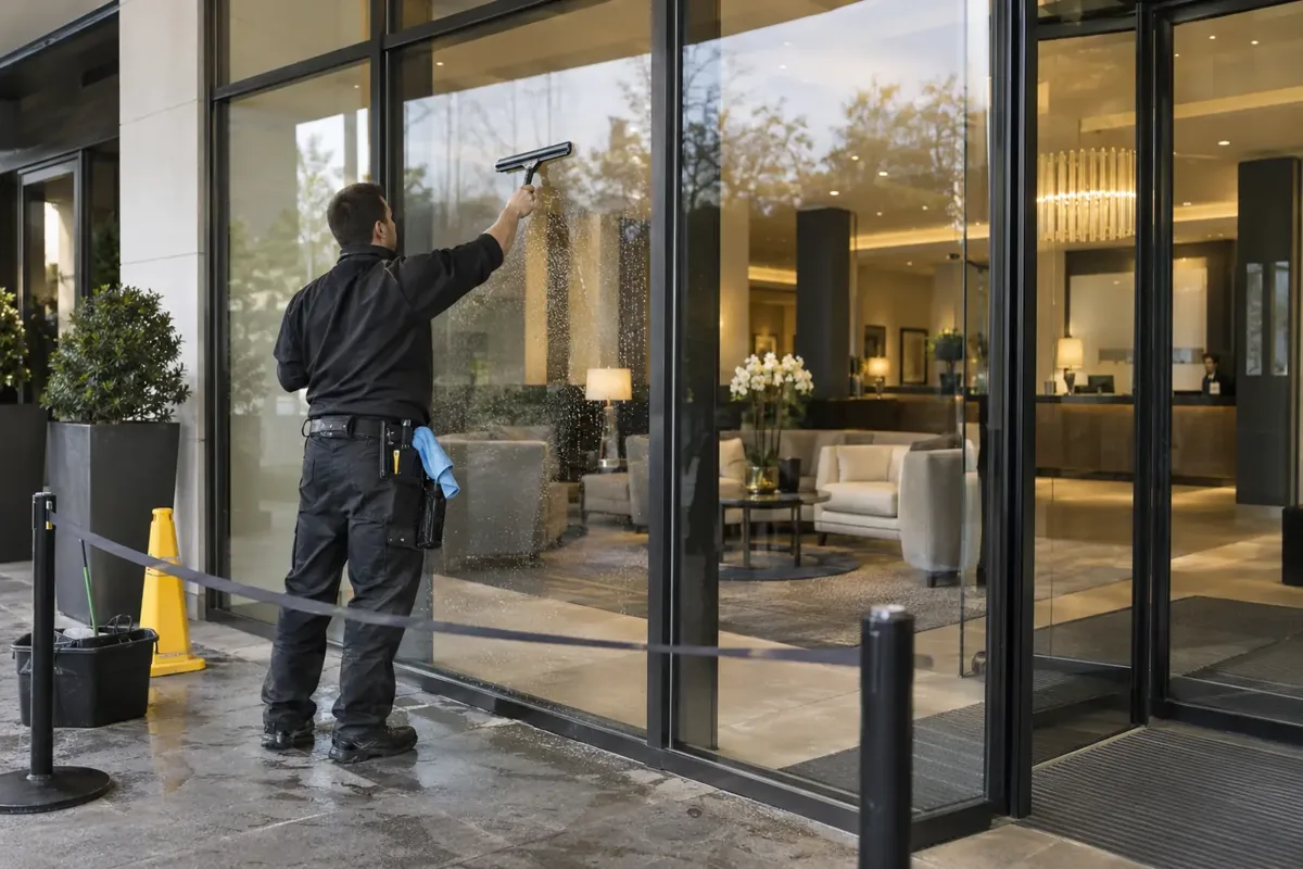 Professional window cleaner squeegeeing the broad ground-floor glazing of a UK hotel entrance, with elegant lobby seating and reception visible beyond glass. Cordoned small work area, no guests, no readable hotel signs.