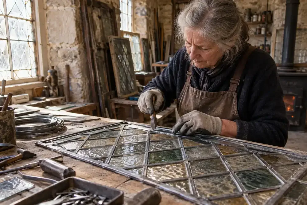 Craftswoman restoring a traditional diamond leaded light on a workbench